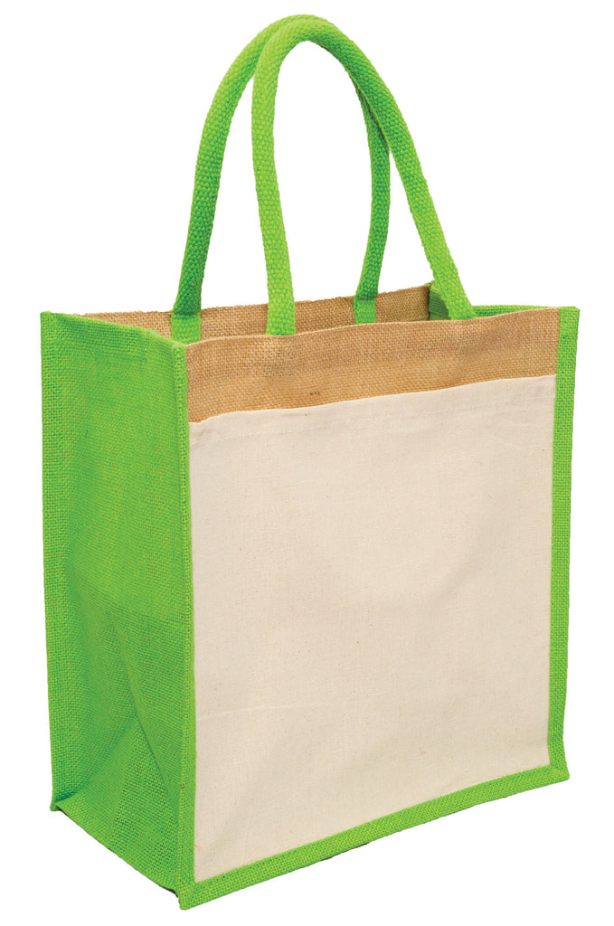 Hessian shopping bags with Lime handles and gusset, and a cotton pocket on one side.