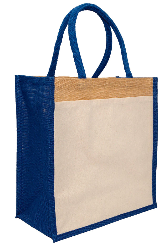Hessian shopping bags with Blue handles and gusset, and a cotton pocket on one side.