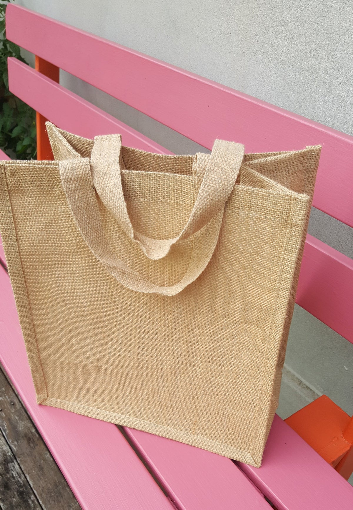 Hessian Shopping Bag – displayed on a bench