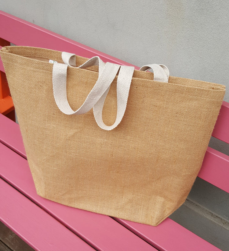 Large Hessian Market Bag – displayed on a bench