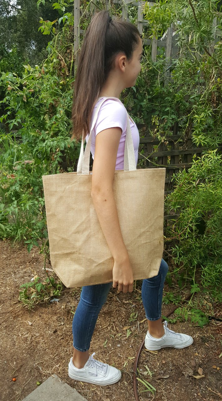 Large Hessian Market Bag – being carried